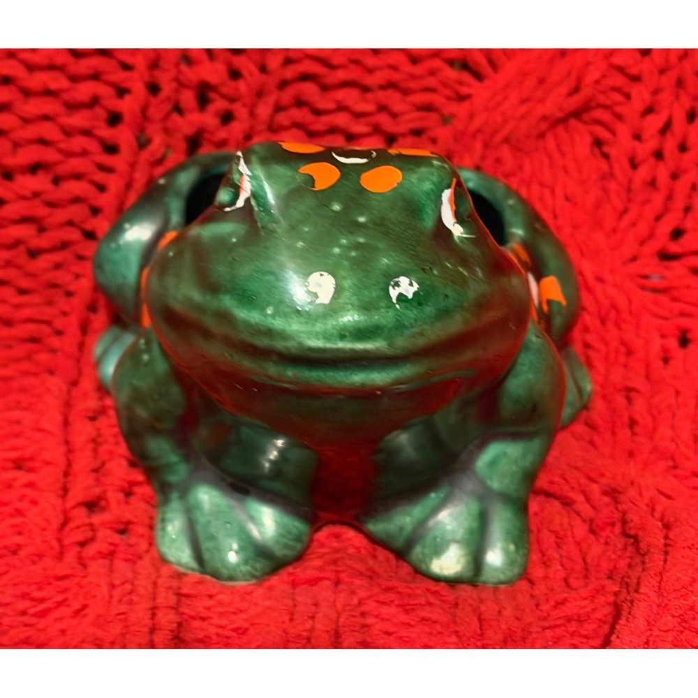 Vintage Ceramic Frog Planter Green Glazed Pottery Figurine with Drainage Hole